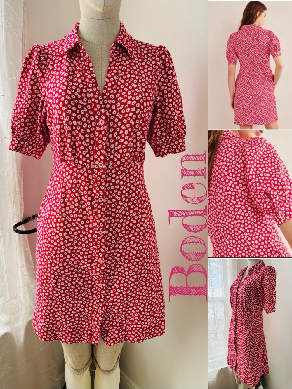 Button Mini Tea Dress Red and white Printed Button-Front Shirt Dress